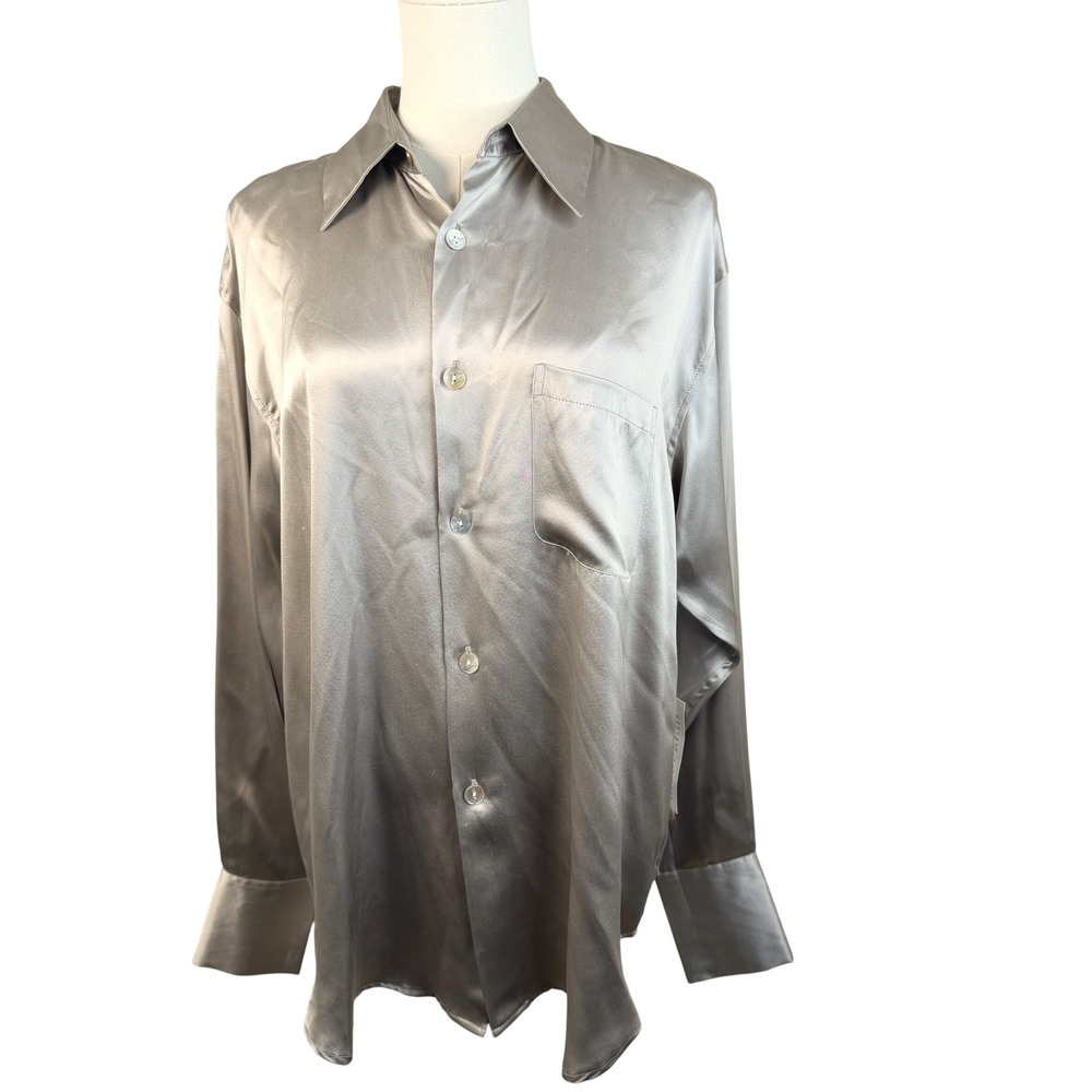 Neiman Marcus Cream 100% Silk Satin Button Down Shirt NWT Size 10